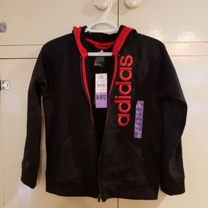 Boys Adidas black and red hooded polyester zip up